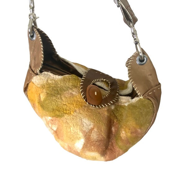 URBAN GYPSY Christina Hankins Artist Boiled Wool Tan Leather Boho Hobo Purse - Picture 8 of 13